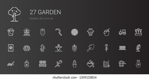 garden icons set. Collection of garden with sprayer, bucket, cactus, rose, bench, peas, lawnmower, shovel, strawberry, scarecrow, forest, seeds. Editable and scalable garden icons.
