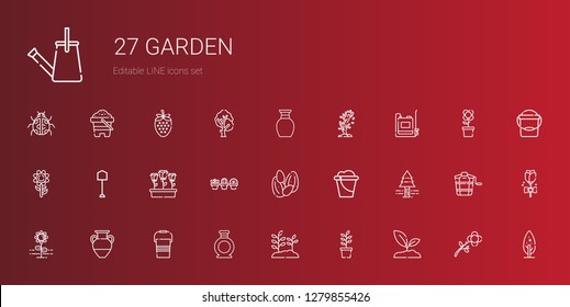 garden icons set. Collection of garden with sprout, plant, vase, bucket, flower, pine tree, seeds, flowers, shovel, sunflower, sprayer, tree. Editable and scalable garden icons.