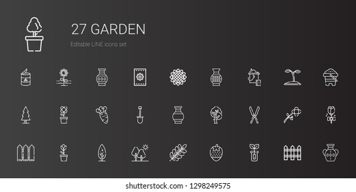 garden icons set. Collection of garden with sprout, strawberry, branch, tree, tulip, fence, shears, vase, shovel, carrot, flower, bucket, sunflower. Editable and scalable garden icons.