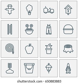Garden Icons Set. Collection Of Stairway, Bush Pot, Wood Pot And Other Elements. Also Includes Symbols Such As Hose, Bundle, Nest.