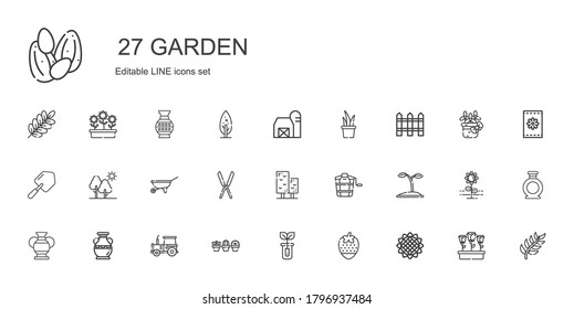 garden icons set. Collection of garden with sunflower, strawberry, sprout, plant, tractor, vase, seed, bucket, tree, shears, wheelbarrow, shovel. Editable and scalable garden icons.
