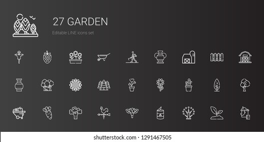 garden icons set. Collection of garden with tree, peas, flower, weather vane, broccoli, carrot, wheelbarrow, cactus, sunflower, plant, forest. Editable and scalable garden icons.