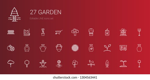 garden icons set. Collection of garden with tree, weather vane, flower, scarecrow, plant, vase, sunflower, tomatoes, peas, bucket, broccoli. Editable and scalable garden icons.