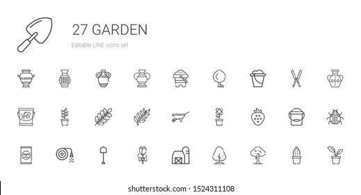 garden icons set. Collection of garden with tree, barn, rose, shovel, hose, fertilizer, strawberry, flower, wheelbarrow, branch, plant, bucket. Editable and scalable garden icons.