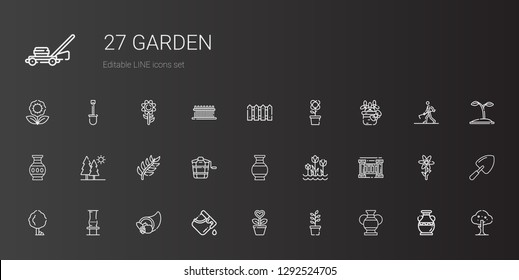 garden icons set. Collection of garden with vase, plant, bucket, cornucopia, tree, fence, tulips, branch, trees, flower, shovel, seed, farmer hoeing. Editable and scalable garden icons.