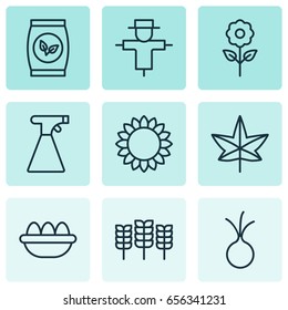 Garden Icons Set. Collection Of Wheat, Autumn Plant, Sprinkler And Other Elements. Also Includes Symbols Such As Sunflower, Herb, Onion.