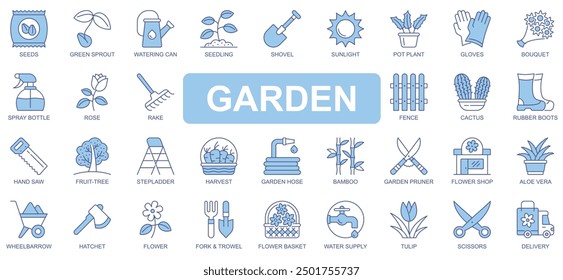 Garden icons set in duotone outline stroke design for web. Pack pictograms of seeds, green sprout, watering can, seedling, shovel, pot plant, gloves, bouquet, rose, rake, other. Vector illustration.