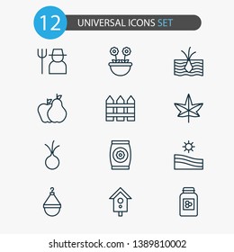 Garden icons set with floret, leaf, farmer and other herb elements. Isolated vector illustration garden icons.