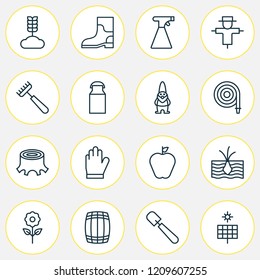 Garden icons set with garden gloves, wheat, apple and other bloom elements. Isolated vector illustration garden icons.