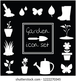 Garden icons set isolated on black background. White silhouettes of vector illustrations, icons, signs, templates for design. 