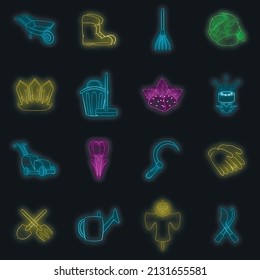Garden icons set in neon style. Gardening set isolated vector illustration