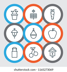 Garden icons set with nesting box, flowerpot, solar panel and other sun power elements. Isolated vector illustration garden icons.