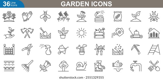 Garden icons set. Plants, equipment, greenhouse, nature, organic, follower, garden tools and more. thin line web icons set vector illustration.