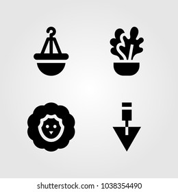 Garden icons set. Vector illustration sheep, pot, plant and trowel