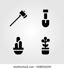 Garden icons set. Vector illustration shovel, axe, plant and cactus