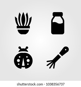 Garden icons set. Vector illustration plant, rake, ladybug and milk bottle