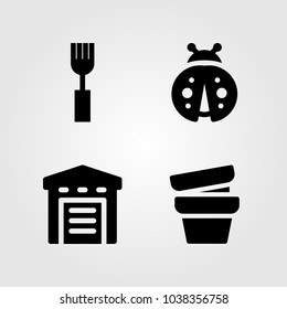 Garden icons set. Vector illustration ladybug, warehouse, pot and fork