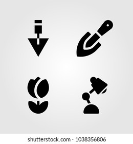 Garden icons set. Vector illustration lamp, desk lamp, tulip and shovel