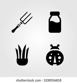 Garden icons set. Vector illustration fork, ladybug, milk bottle and plant