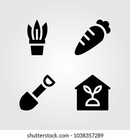 Garden icons set. Vector illustration shovel, indoor plants, carrot and plant
