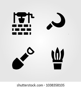 Garden icons set. Vector illustration sickle, shovel, well and plant