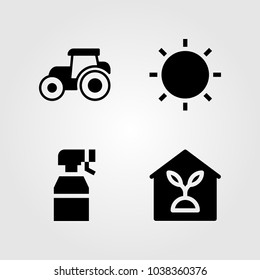 Garden icons set. Vector illustration tractor, sprayer, sun and indoor plants