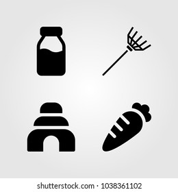 Garden icons set. Vector illustration rake, milk bottle, beehive and carrot