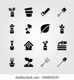 Garden icons set. Vector illustration plant, hose, spade and fork