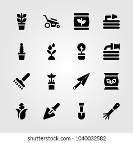 Garden icons set. Vector illustration plant, corn, lawn mower and hose