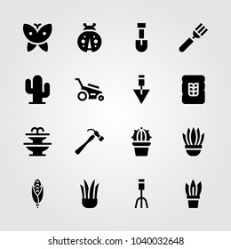 Garden icons set. Vector illustration hammer, garden fork, fountain and wheat