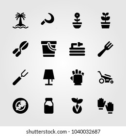 Garden icons set. Vector illustration gloves, fork, plant and germination