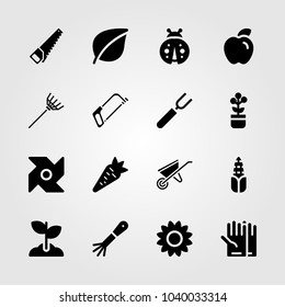 Garden icons set. Vector illustration apple, pinwheel, carrot and gloves