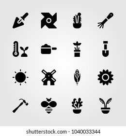 Garden icons set. Vector illustration sunflower, corn, trowel and hammer