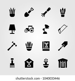 Garden icons set. Vector illustration lamp, warehouse, garden fork and shovel