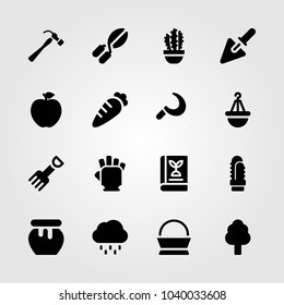 Garden icons set. Vector illustration gloves, honey, pot and plant