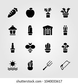 Garden icons set. Vector illustration cactus, bee, carnivorous and warehouse