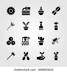 Garden icons set. Vector illustration plant tree, pruning shears, garden fork and hose