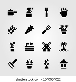 Garden icons set. Vector illustration lamp, tree, rake and pot