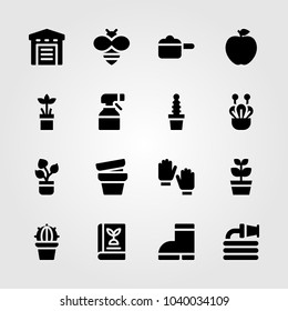 Garden icons set. Vector illustration sprayer, book, gloves and pot