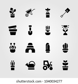 Garden icons set. Vector illustration shovel, watering can, tractor and pot