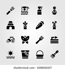 Garden icons set. Vector illustration hose, rake, pail and sprayer