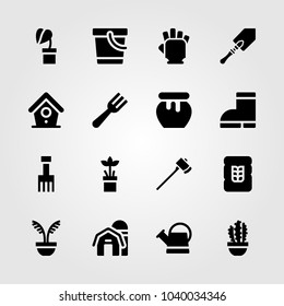 Garden icons set. Vector illustration wheat, bird house, gym gloves and boots