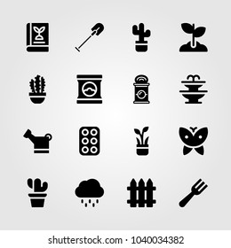 Garden icons set. Vector illustration fence, sprout, shovel and eggs