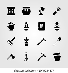 Garden icons set. Vector illustration honey, rake, lamp and gloves