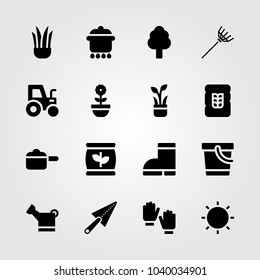 Garden icons set. Vector illustration pail, wheat, trowel and watering can