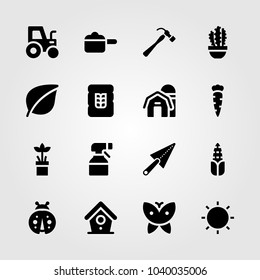 Garden icons set. Vector illustration bird house, wheat, tractor and carrot