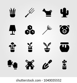 Garden icons set. Vector illustration shovel, lamp, fork and honeycomb
