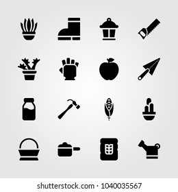 Garden icons set. Vector illustration lamp, hammer, basket and watering can