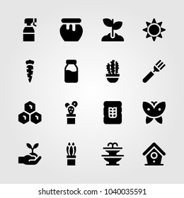 Garden icons set. Vector illustration sprayer, sun, wheat and bird house
