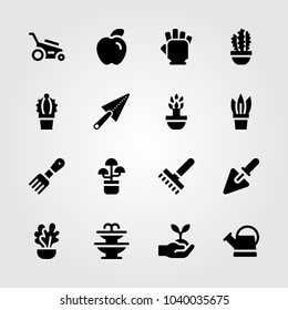 Garden icons set. Vector illustration trowel, plant tree, rake and watering can
